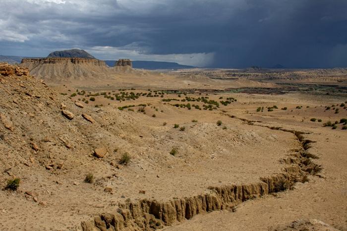 Wide view of a New Mexico desert landscape with tan mesas and eroded cliffs, sparse green shrubs, and a dry arroyo in the foreground, beneath dark, dramatic storm clouds with rain falling in the distance.